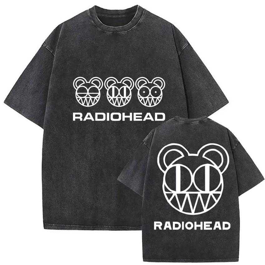 Vintage Washed Radiohead Tour  Print T Shirts Men Women Hip Hop Loose Pop British Rock Short Sleeve Tshirt Punk Streetwear