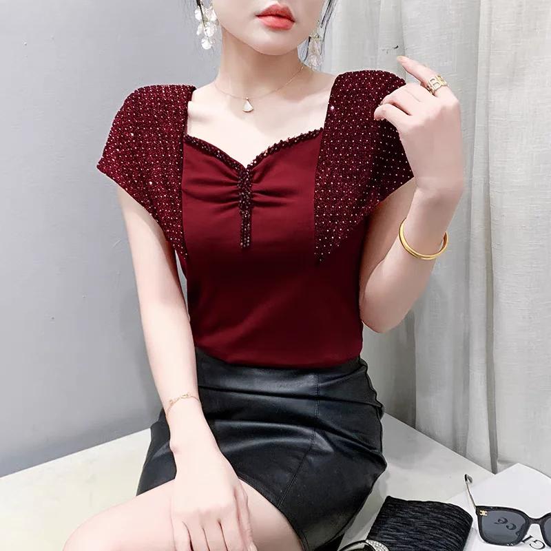 

Летние хлопковые топы уличная одежда для девушек сексуальная футболка с квадратным вырезом и бисером женские футболки с блестящими бриллиантами 3XL красный