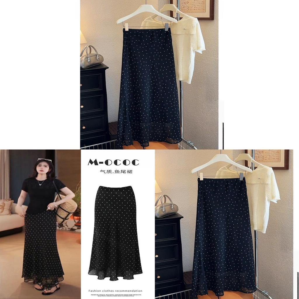 Fish Tail Skirt For Women With Polka Dot Pattern Summer Chiffon High Waist Retro Fashion