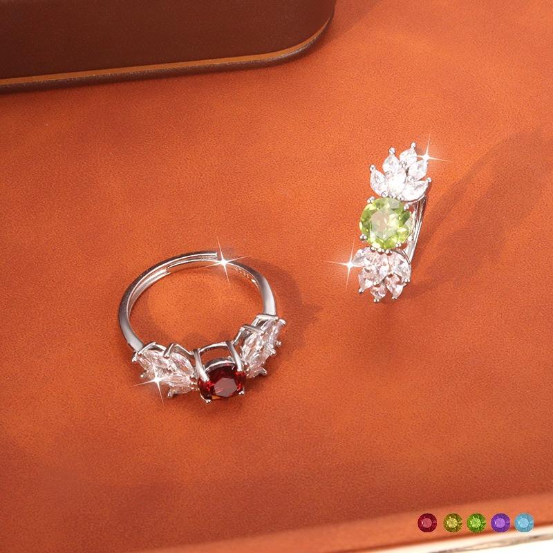 S925 Sterling Silver Ring Full Paved Natural Garnet/Olivine/Crystal Adjustable Jewelry for Women