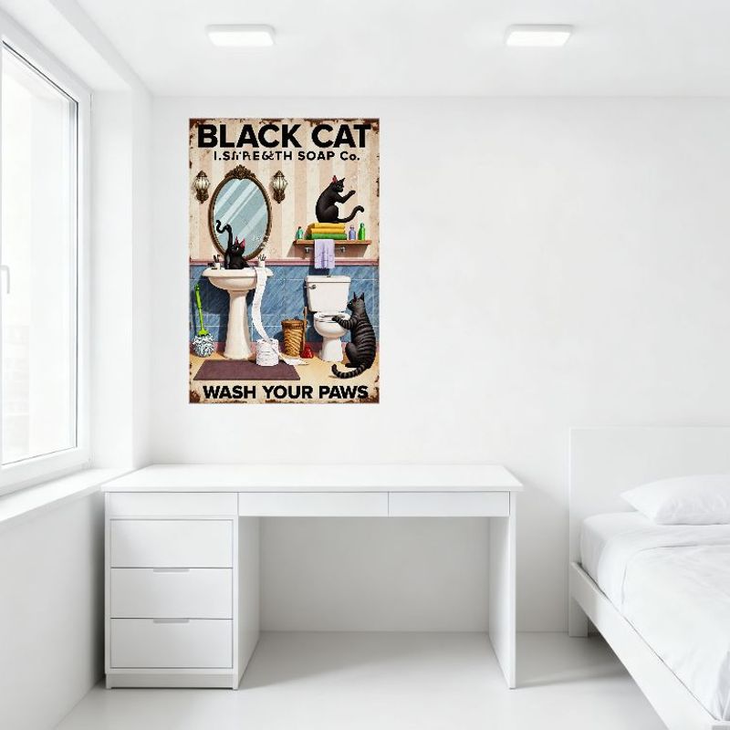 Vintage Black Cat I.S. Strength Soap Co. Bathroom Scene Metal Tin Sign, Retro Wall Decor with Cats, Beige Striped Background, Ho