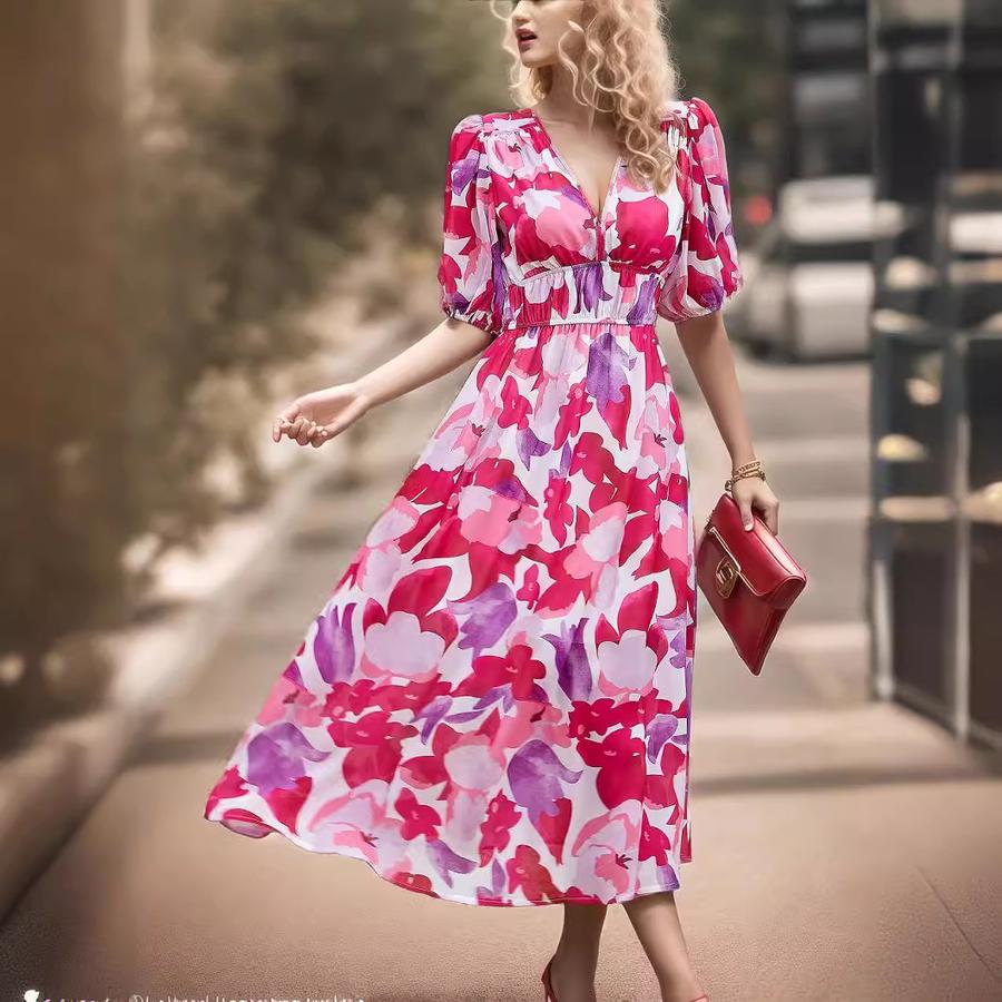 Sommer V-Ausschnitt Bedrucktes Taillen Empire-Kleid