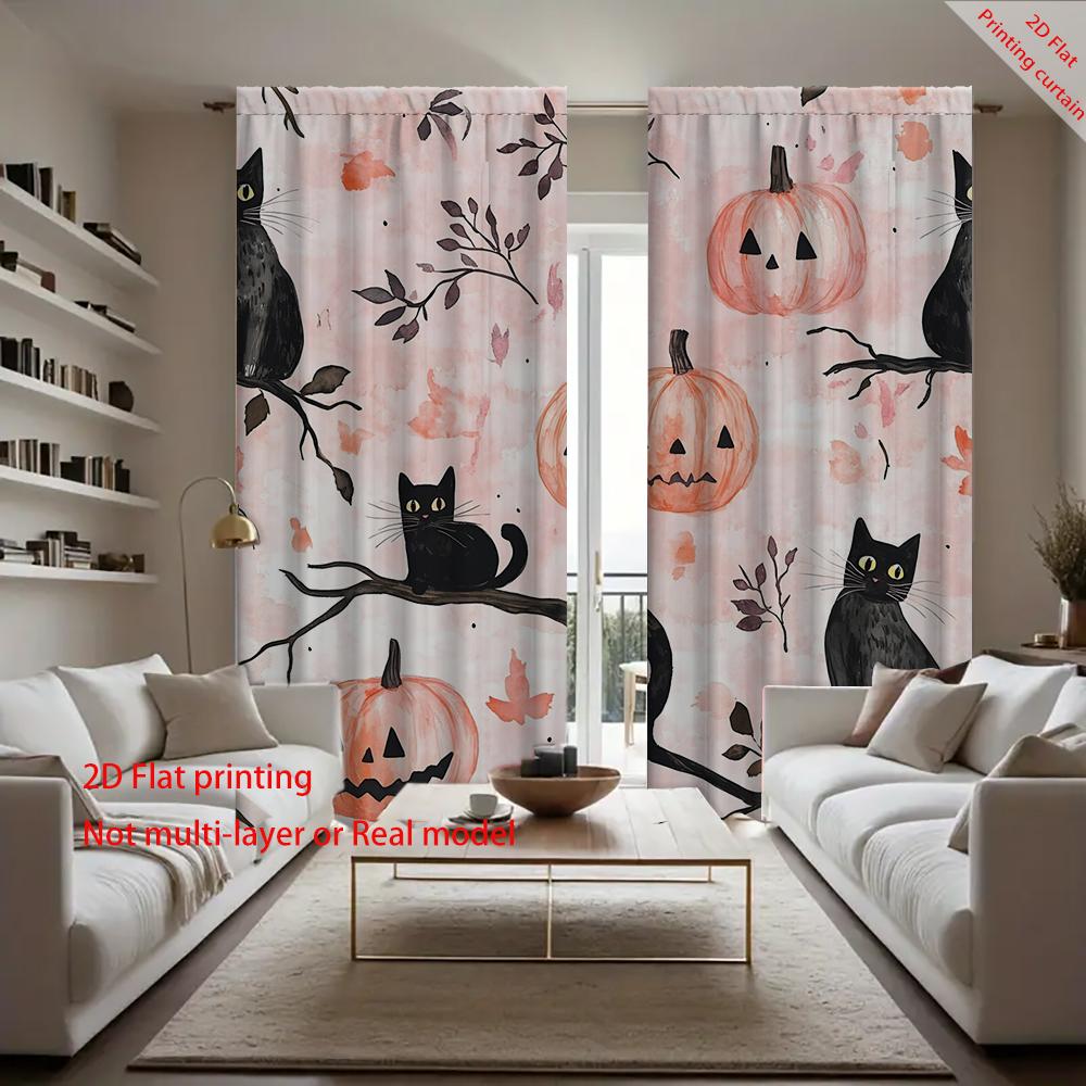 2PC Home Halloween Pumpkin Cat Ghost Pattern Digital Printed Curtains with Landscape Background and Pole Bag Curtains, Kitchen,