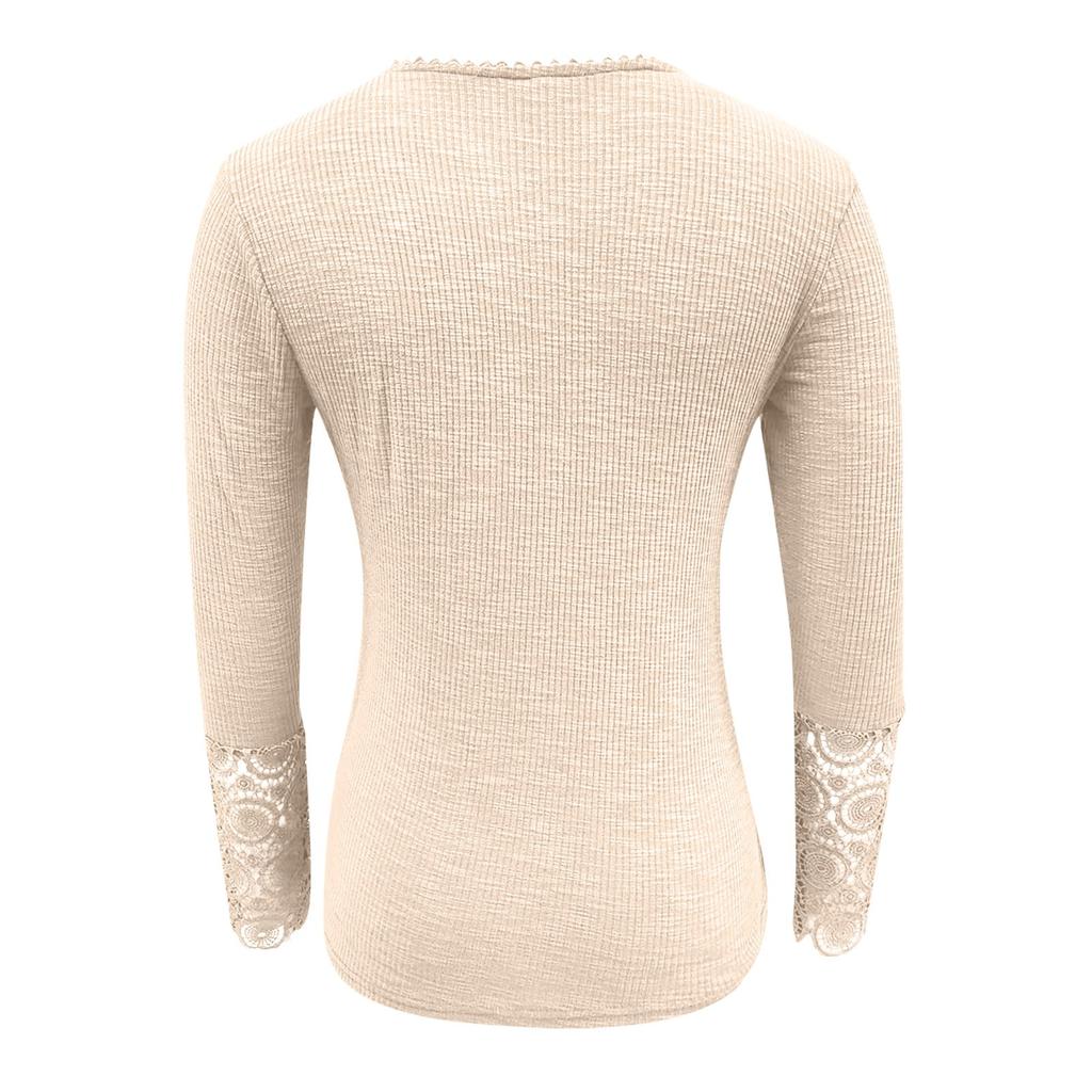 Ladies Casual Solid Color  Strip Solid Color Slim Fit Round Neck Stitching Lace Sleeve T-Shirt