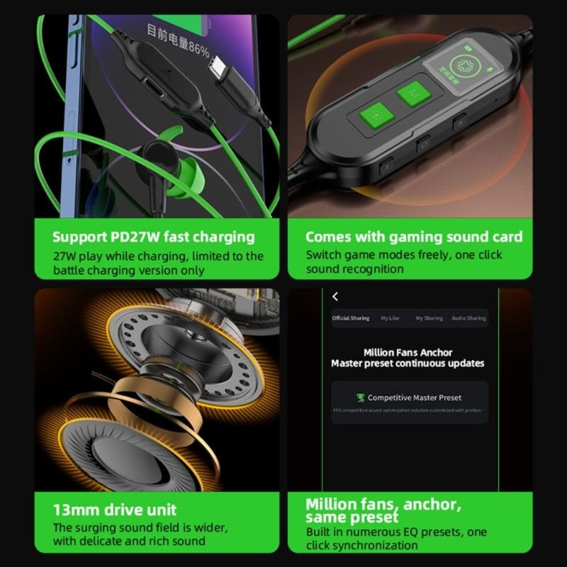 Earphone Sound Card Tuning Charging Screen Display Type C In Ear Electric Sports Gaming Earphone for Laptop Phone