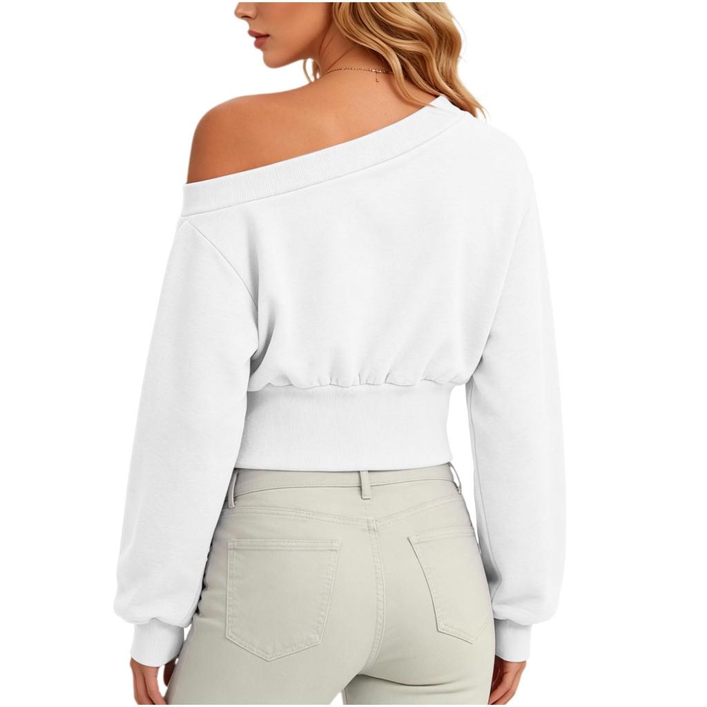 Women's Fashion Off-Shoulder Long Sleeve Color Hoodie Sweatshirt Casual Top for Everyday Wear