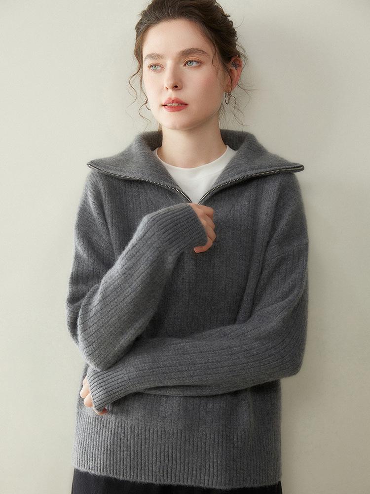 Women's Cashmere Stand Collar Zipper Sweater - Loose Fit Pullover & Cardigan