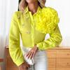 Women Shirt Lapel Long Sleeve Single Breasted Shirt Three-Dimensional Tops Solid Color Rhinestones Flowers Decor Shirt