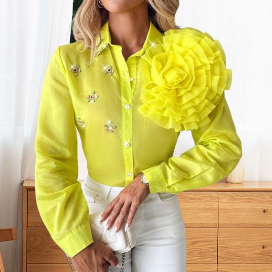 Women Shirt Lapel Long Sleeve Single Breasted Shirt Three-Dimensional Tops Solid Color Rhinestones Flowers Decor Shirt