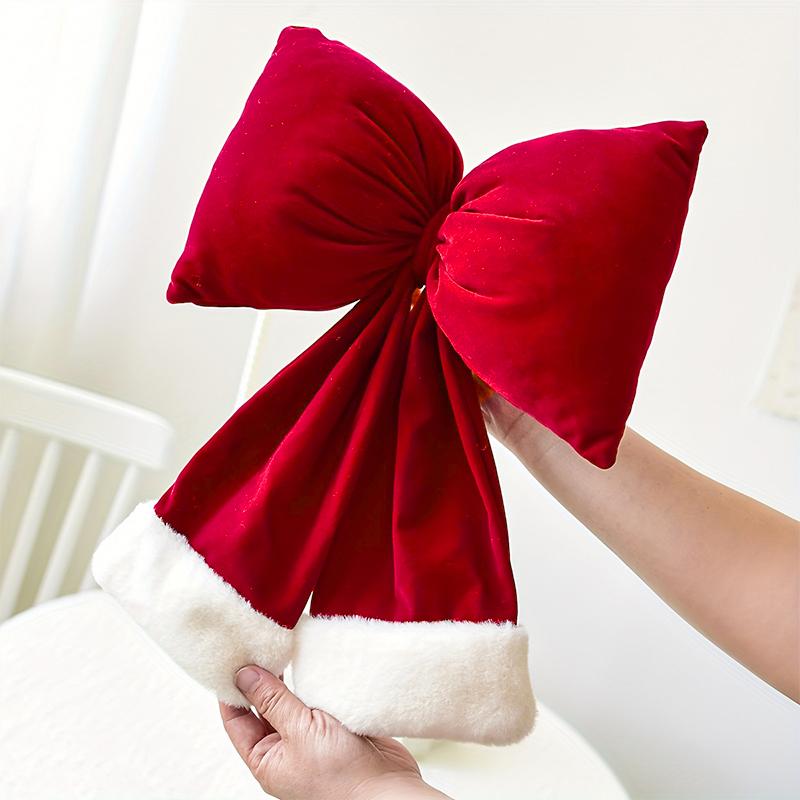 1PC Cotton Padded Bows Home Decor Flannel Christmas Velvet Bow Decoration Thanksgiving With White Fur Trim Holiday Decor 3 Sizes