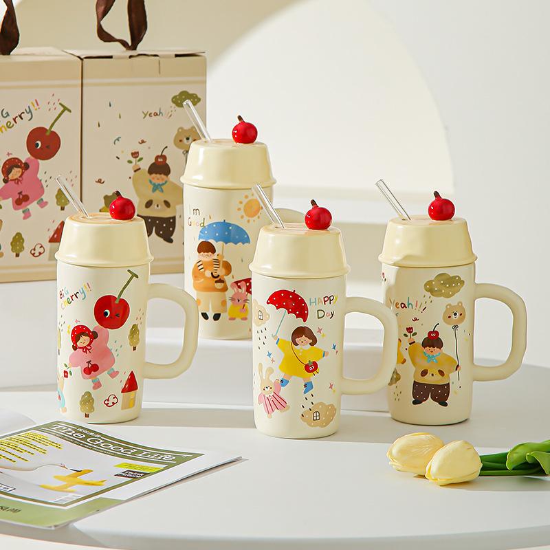 Boys and Girls Ceramic Cup with Lid Straw Couple Drinking Cup Mug Milk Breakfast Cup Souvenir