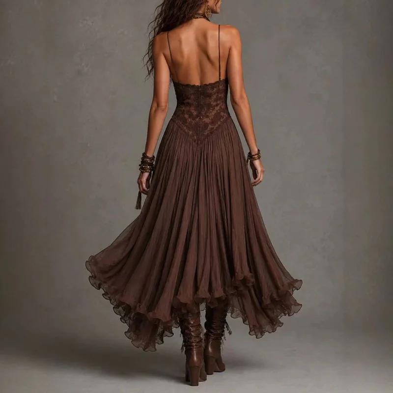 Women Boho Lace Spaghetti Strap Maxi Dress Sleeveless V Neck Flowy Ruffle Long Dress Vintage Bohemian Party Dress