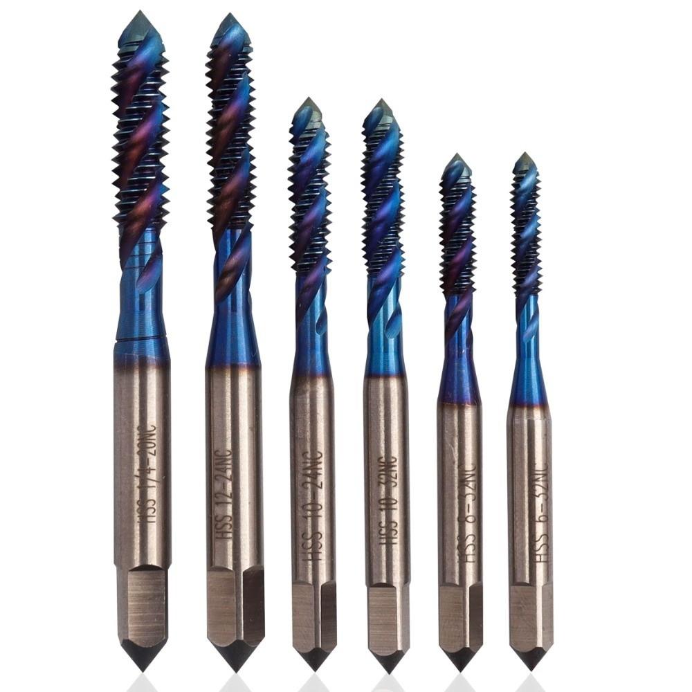 6pcs Blue Coated Tapping Drill Bit Titanium Coated Spiral Flute Tap Set Machine Tap Bit For Metal