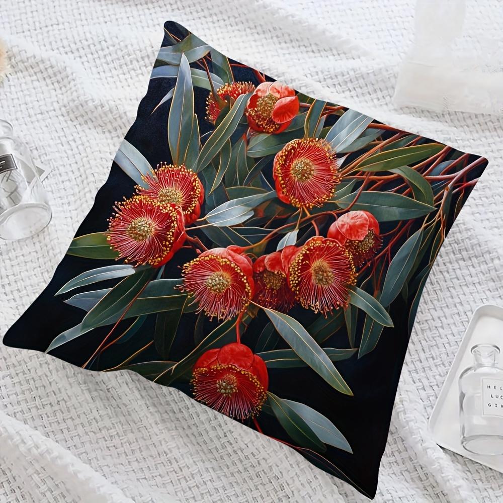 1Pc Red Eucalyptus Flower Pillow Cover, Polyester 2D Double-Sided Print, Vibrant Australian Native Floral Art, Botanical Home De