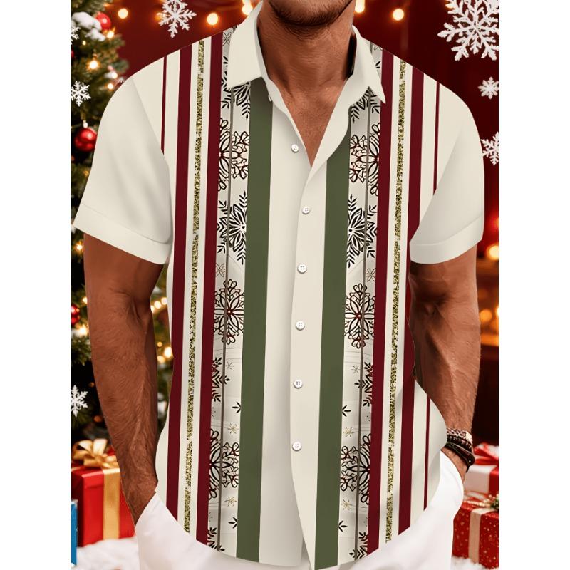 Christmas Men s 3D Digital Print Christmas Snowflake Stripe Short-Sleeve Shirt XS
