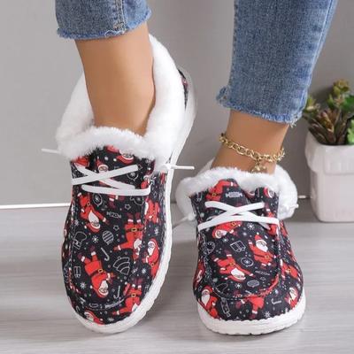 Fashion Christmas Winter Cotton Shoes Women  New Plush Thickened Warm Fashionable Snow Flat Shoes Outdoor Casual Shoes Travel Slides