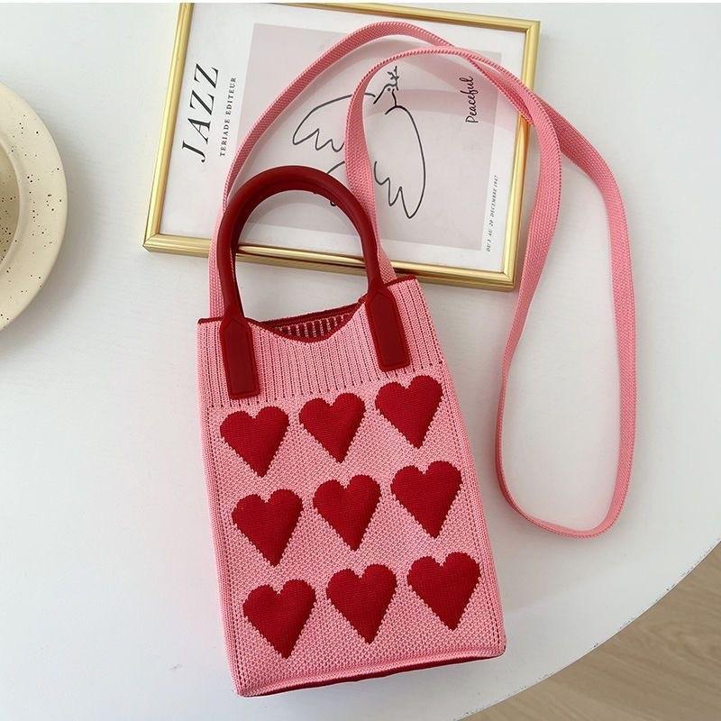 Koreanische Mode Herz Gestrickte Mini Quadratische Handtasche für Damen Kleine Handy Umhängetaschen Mädchen Niedliche Outdoor Crossbody Taschen