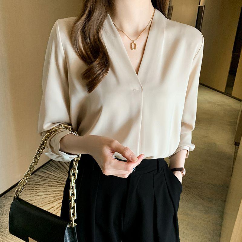 Fashion Style Spring and Autumn Work Clothing Ol Business Wear V-neck Slimming Pure Color All-Matching Fashion Long Sleeve Shirt Top Women