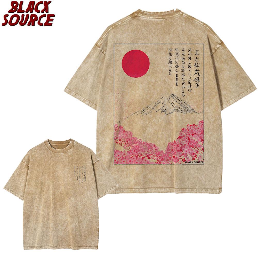 T Mount Fuji Cherry Blossoms Prints Washed TShirts Womens Cotton Short Sleeve Tops Summer ONeck Oversized T Shirt Basic