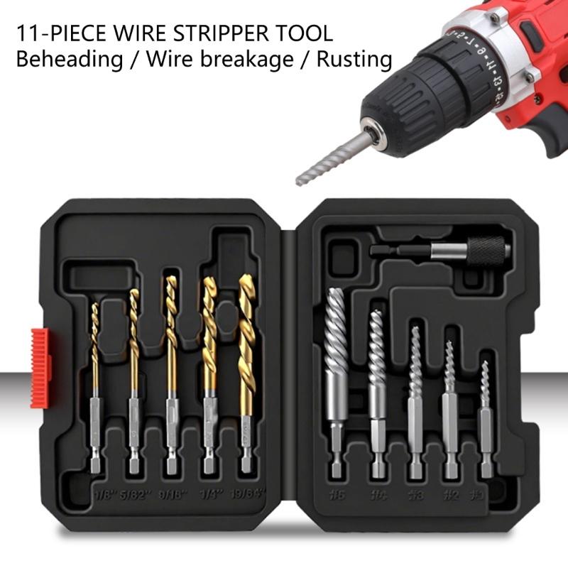 Professional 11Pcs Damaged Screw Extractor Kit Carbon Steel Drill Bit Set Rusted Bolt Removal Tool With Hexagonal Shank Design
