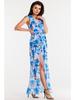 V-Neck Chiffon Maxi Dress with Blue Floral Pattern S