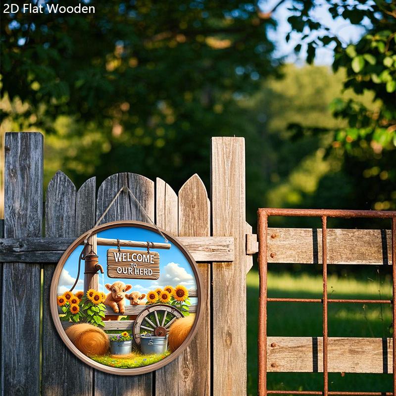 Wooden Welcome Sign with Highland Cattle & Sunflowers Design - Rustic Decorative Plaque for Farmhouse, Front Door Decor - Ideal gift for Family