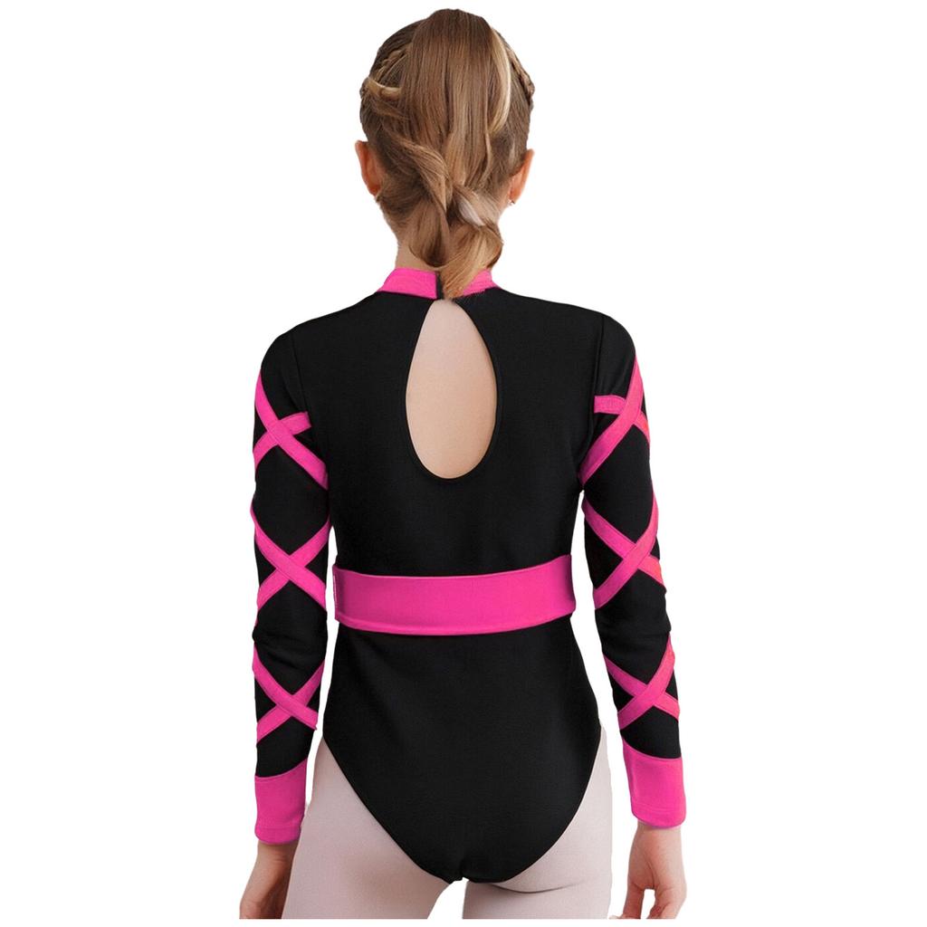 Mädchen Chinesischer Stil Gymnastik-Turnanzug Knotenknopf Mandarin-Kragen Langarm Strass Farbblock Gürtel Body