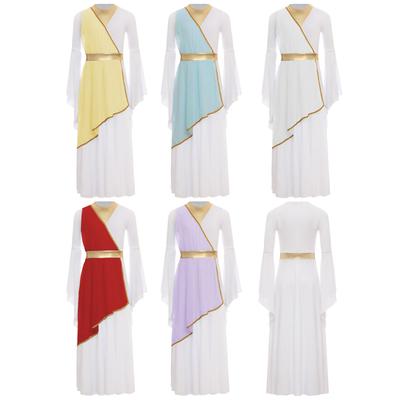 Ancient Greek Princess Costume for Girls Halloween, Long Sleeve Elegant Party Dress with Contrast Trim for Role Play Performance