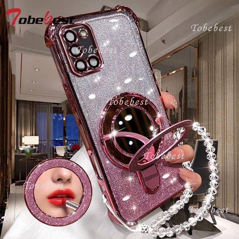 For Samsung Galaxy A51 A71 A31 A21S A11 A02S A03S A04E Case Glitter Plating Makeup Mirror Magnetic Phone Holder Bracelet Cover