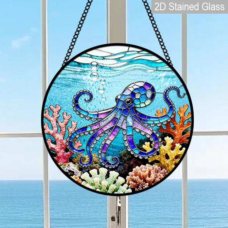 2D Flat Stained Glass Octopus Ocean Theme Window Decoration, 7.87inches The Blue Octopus in The Coral Design Colored Glass Plate with Chain, Summer
