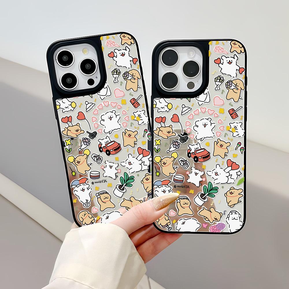 Mirror Phone Case for iPhone 15 11 13 14 for 15 16 Pro Max 12 13 16 Pro Cloud Flower and Animal Cute Style Phone Case