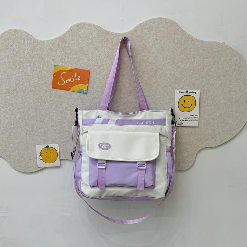 

Нейлоновая тканевая сумка, женская одноплечевая студенческая сумка для учебников, большая вместительная сумка-тоут контрастных цветов, универсальная маленькая свежая сумка для учебников фиолетовый