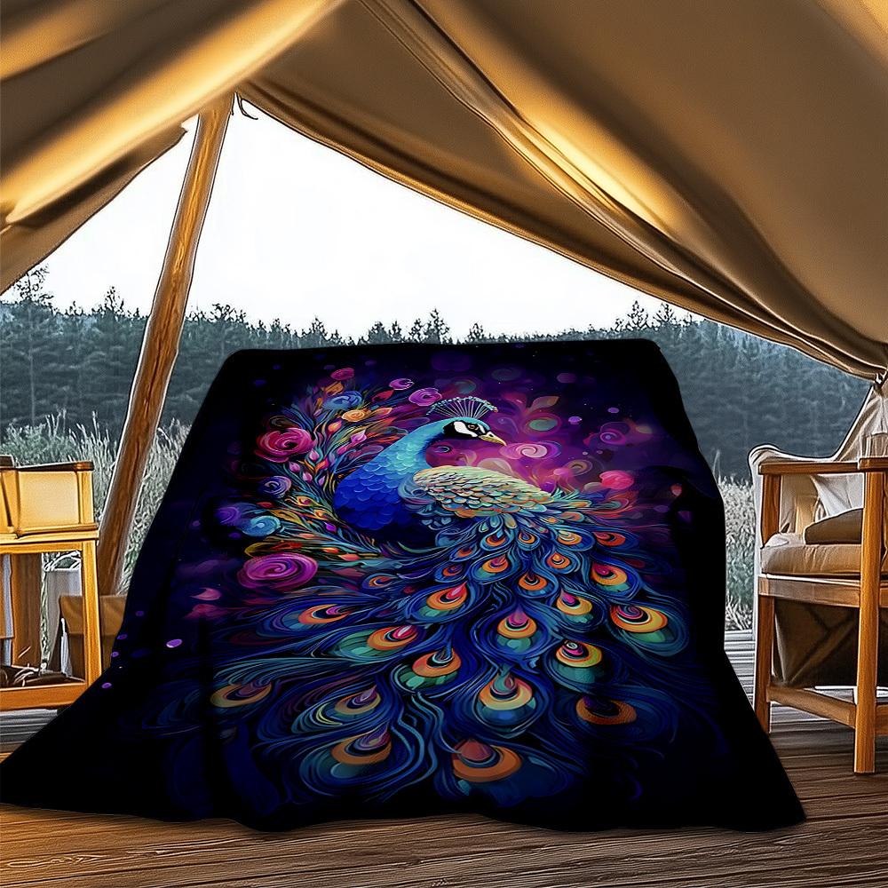 1pc Peacock Feather Print Outdoor Blanket, Lightweight Polyester,