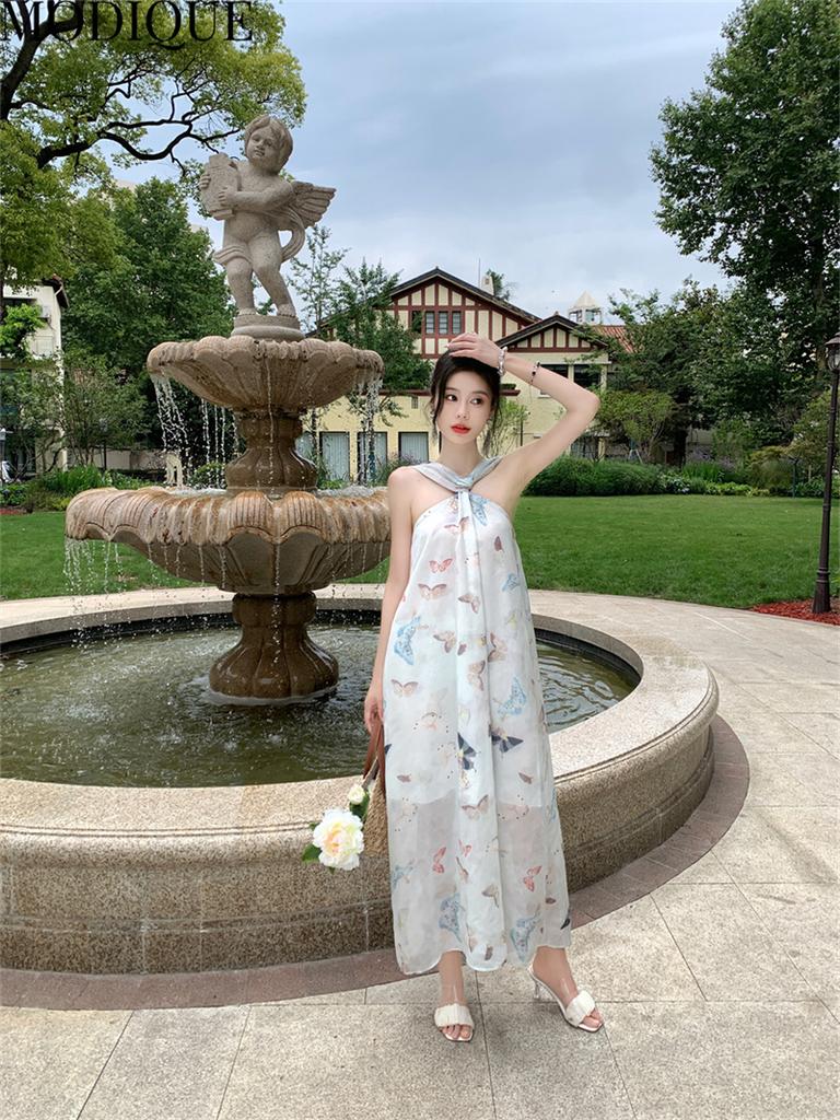 MODIQUE Summer Women Elegant Butterfly Print Casual Beach Backless Mesh Gauze Girly Halter Long Dresses Holiday Lady Fairycore Sweet Atmosphere Dress