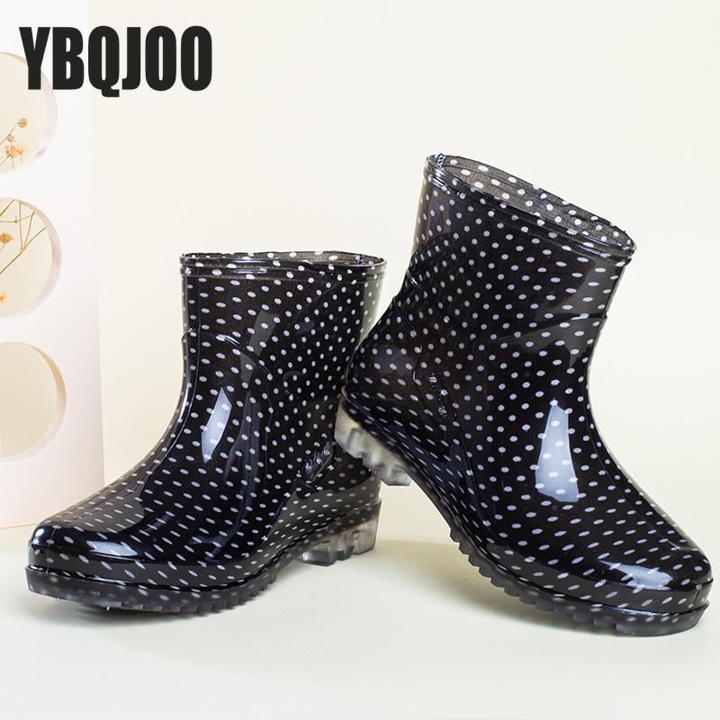Women's Versatile Rain Shoes Black Ladies Dots Waterproof Kitchen Work Rubber Shoes Non-slip Short Tube Rain Boots Summer Shoes