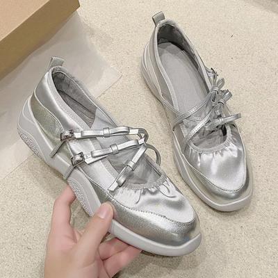 2025 Autumn New Silver Ballet Shoes Women's Fashion Butterfly Knot Casual Single Shoes Soft Leather Thick Bottom Mary Jane Shoes
