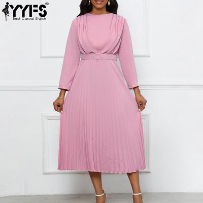 Women's Fashion Spring Fall Solid Color Print Long Sleeve O-Neck High Waist Casual Dresses