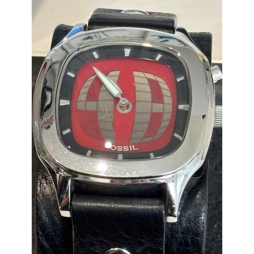 Used Battery replaced! FOSSIL Watch Red Dial Leather Strap JR-8292