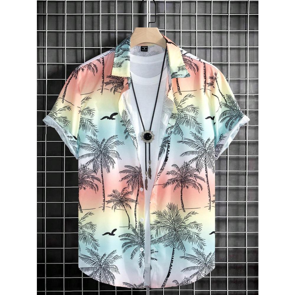 Hawaiian Color Coconut Tree Print Lapel Fashion Men's Shirt 2026 Men's Seaside Resort Casual Style Men's Short-sleeved Shirt