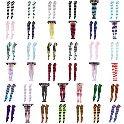 Women Striped Print Over Knee Thigh High Long Socks for Christmas Holiday Party