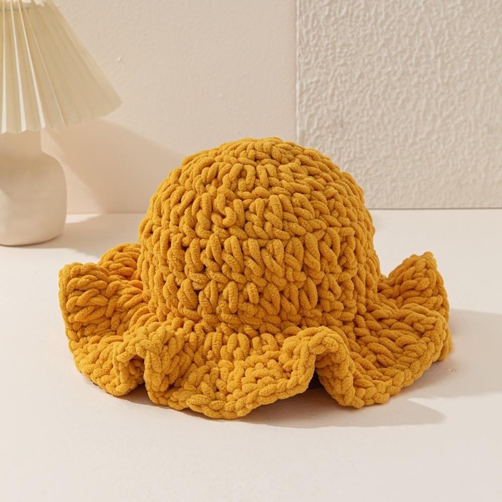 Sweet Ruffled Edge Fisherman Hat Cable Knit Winter Warm Bucket Hat Windproof Knitted Beanie  Women