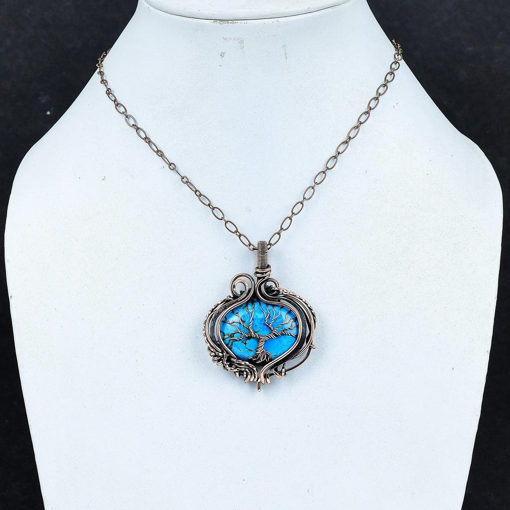 Tibetan Turquoise Pendant, 999 Copper Wire Wrapped Gemstone Jewelry, Handmade Tree Of Life Pendant, For Thanksgiving