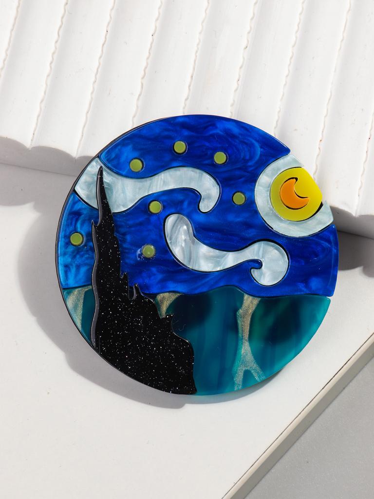 New World Famous Paintings The Starry Night Acrylic Brooch Round Circle Iridescent Brooches Pins for Women Clothing Accessories