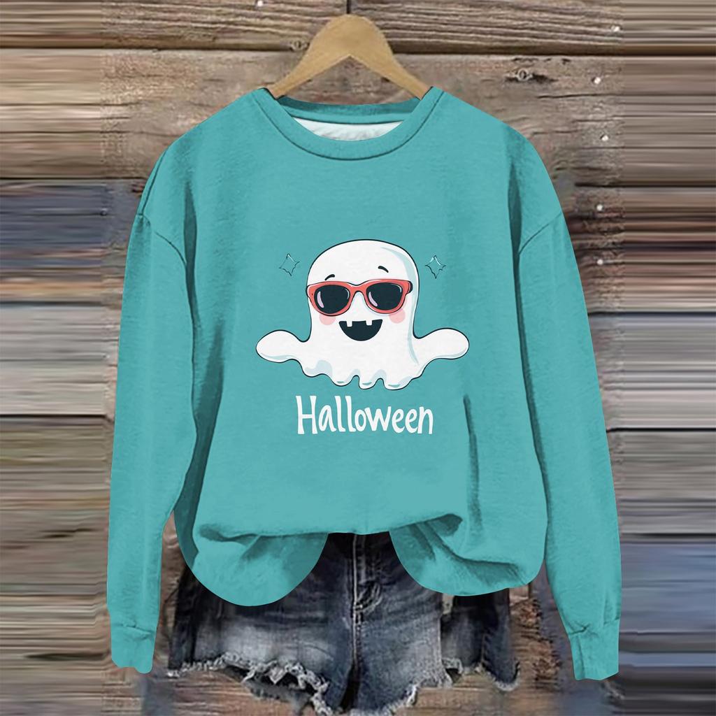 Moda feminina manga comprida estampa de Halloween gola redonda suéter top