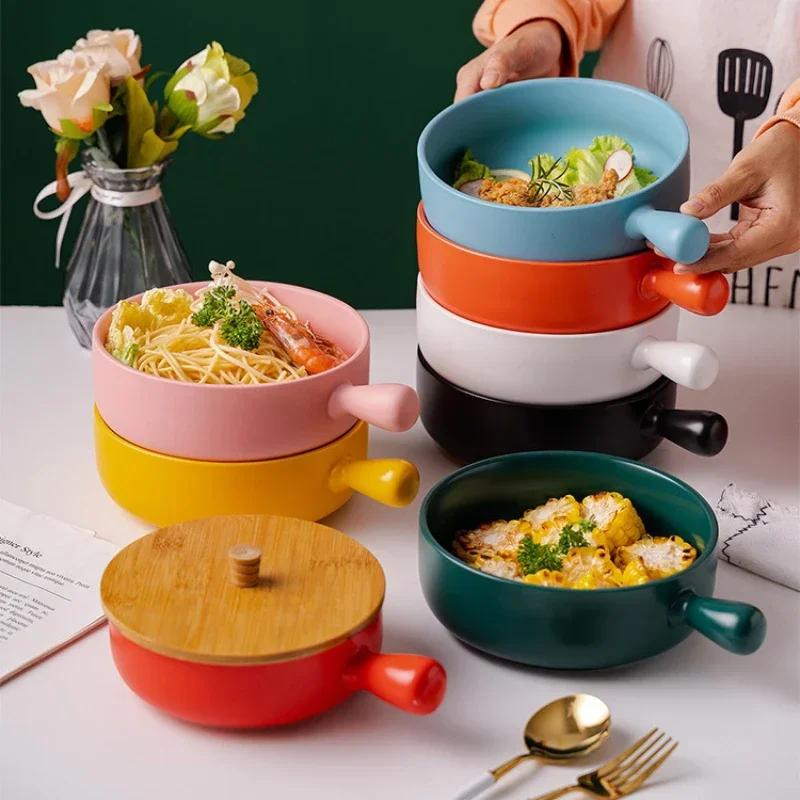 Covered Noodle Bowl Ceramic Dishes to Eat Simple Household Tableware Baking Baking Bowl Household Utensils for Kitchen Dishware