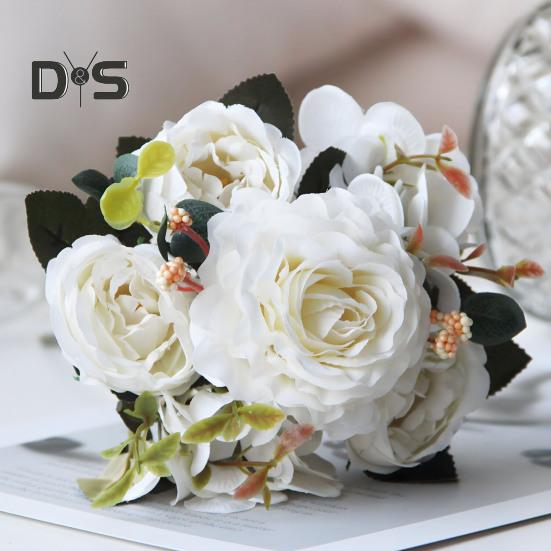 Vintage Artificial Peonies Faux Silk Flowers Bunch Hydrangea Rose Peony Floral Centerpiece for Wedding Event Party Home Decor