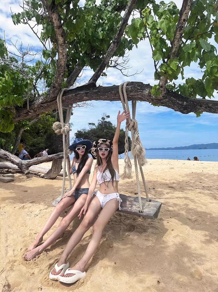 Summer Sexy Net Celebrity Denim Bikini: White Tie-Up Split Swimwear for Women