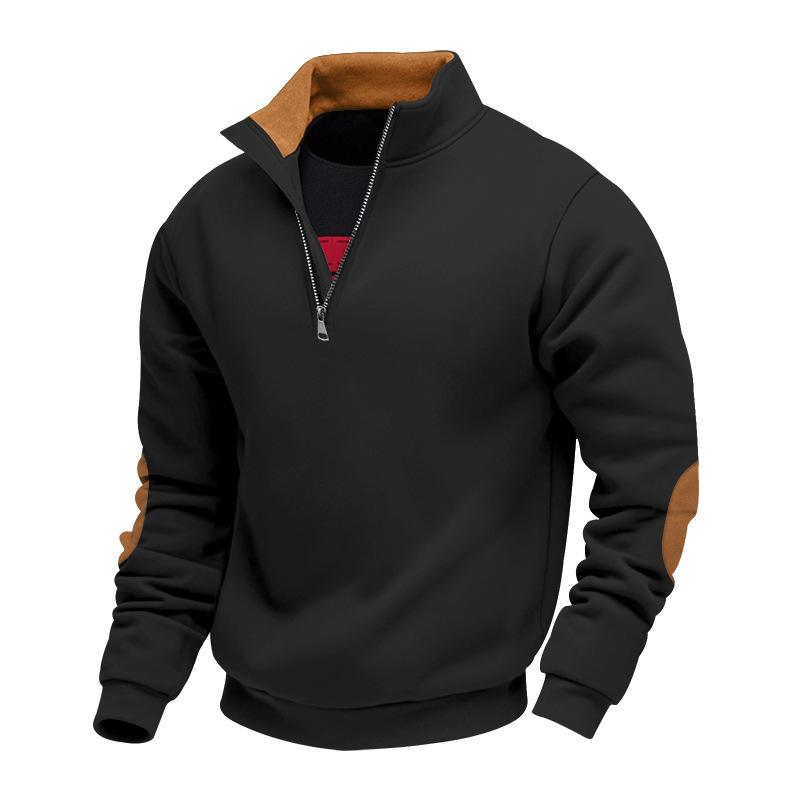 Men's Fleece-Lined Zip-Up Stand Collar Patchwork Contrast Colour Henley Long-Sleeved Casual Sweatshirt for Autumn/Winter