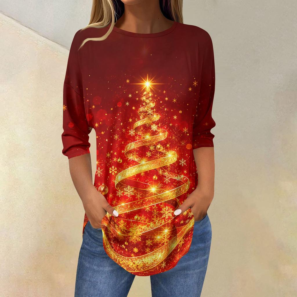 Camiseta Feminina de Natal Estampada com Manga Três Quartos e Gola Redonda Casual para Festas