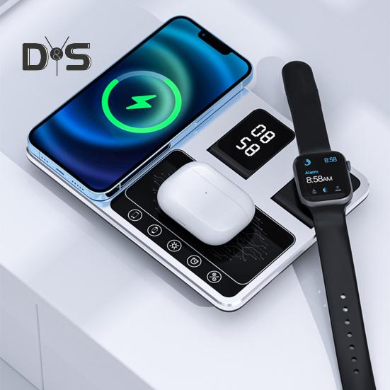 4 In 1 Wireless Charger Stand with Alarm Clock & Night Light Foldable Fast Charging Dock One-Key Lifting Smartwatch Charging Stand for IPhone